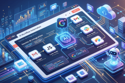 n8n Gemini API otomasyonu için tasarlanmış bir iş akış şemasını gösteren, Gmail, Slack ve Airtable entegrasyonlarını içeren detaylı bir infografik görseli.