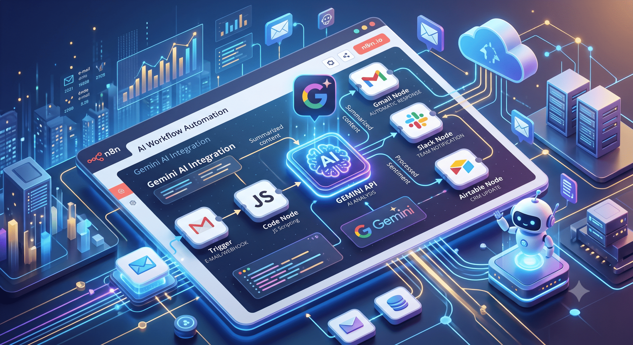 n8n Gemini API otomasyonu için tasarlanmış bir iş akış şemasını gösteren, Gmail, Slack ve Airtable entegrasyonlarını içeren detaylı bir infografik görseli.